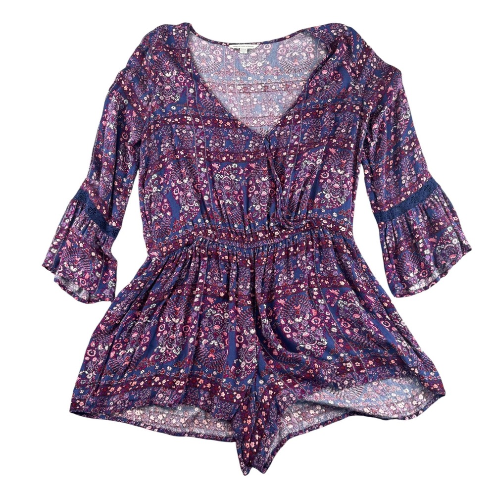 American‎ Eagle Floral Romper Purple Paisley Bell Sleeve Boho Medium